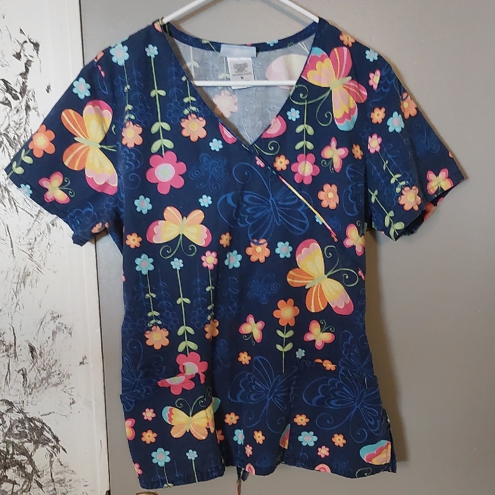 Colorful Floral Butterfly Scrub Top